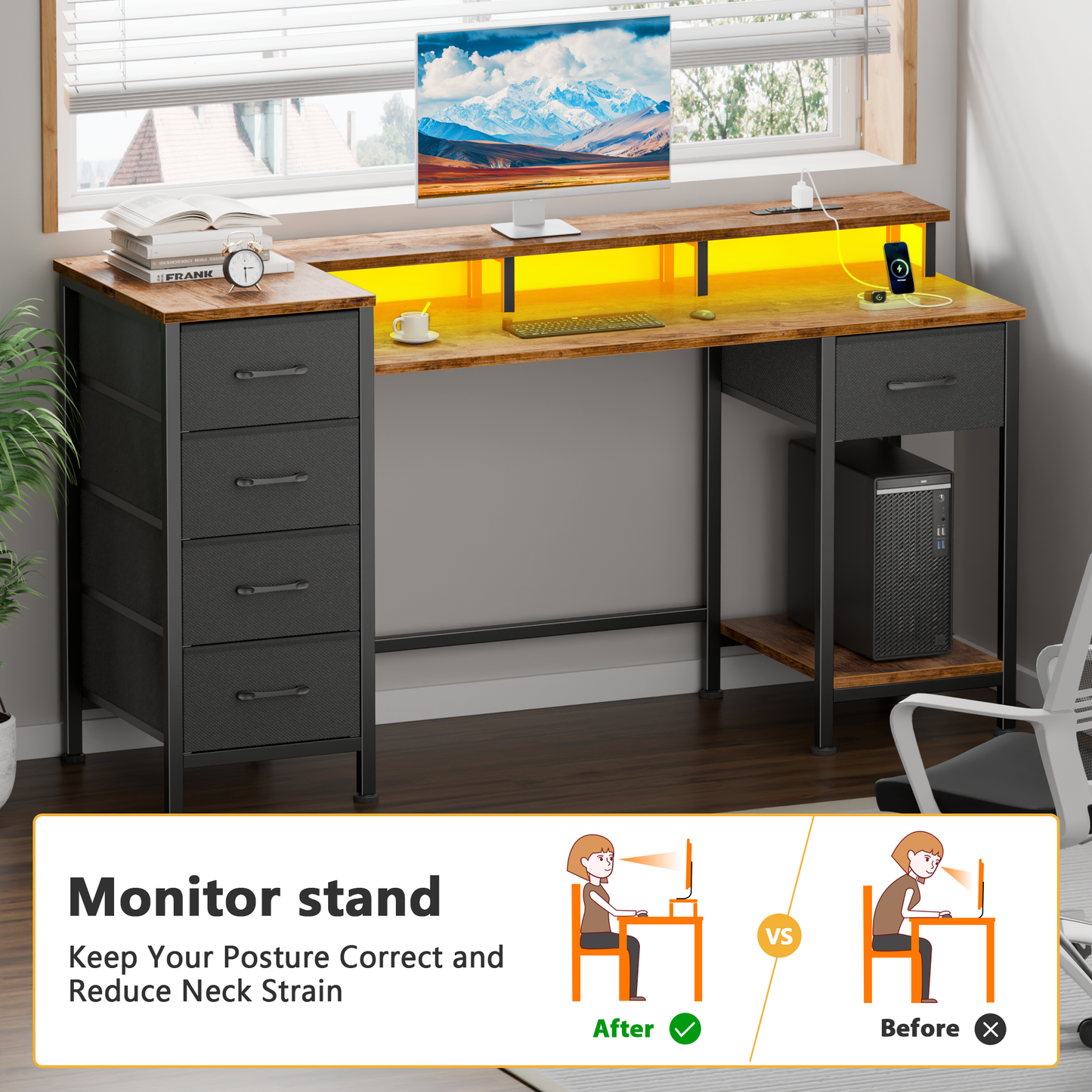 Satifur Gaming Desk with LED Lights & Power Outlets, 47" Computer Desk with 5 Fabric Drawers & Open Storage, Reversible Home Office Desk,Retro Brown