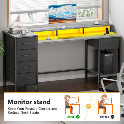 Satifur Gaming Desk with LED Lights & Power Outlets, 55" Computer Desk with 5 Fabric Drawers & Open Storage, Reversible Home Office Desk,Grey