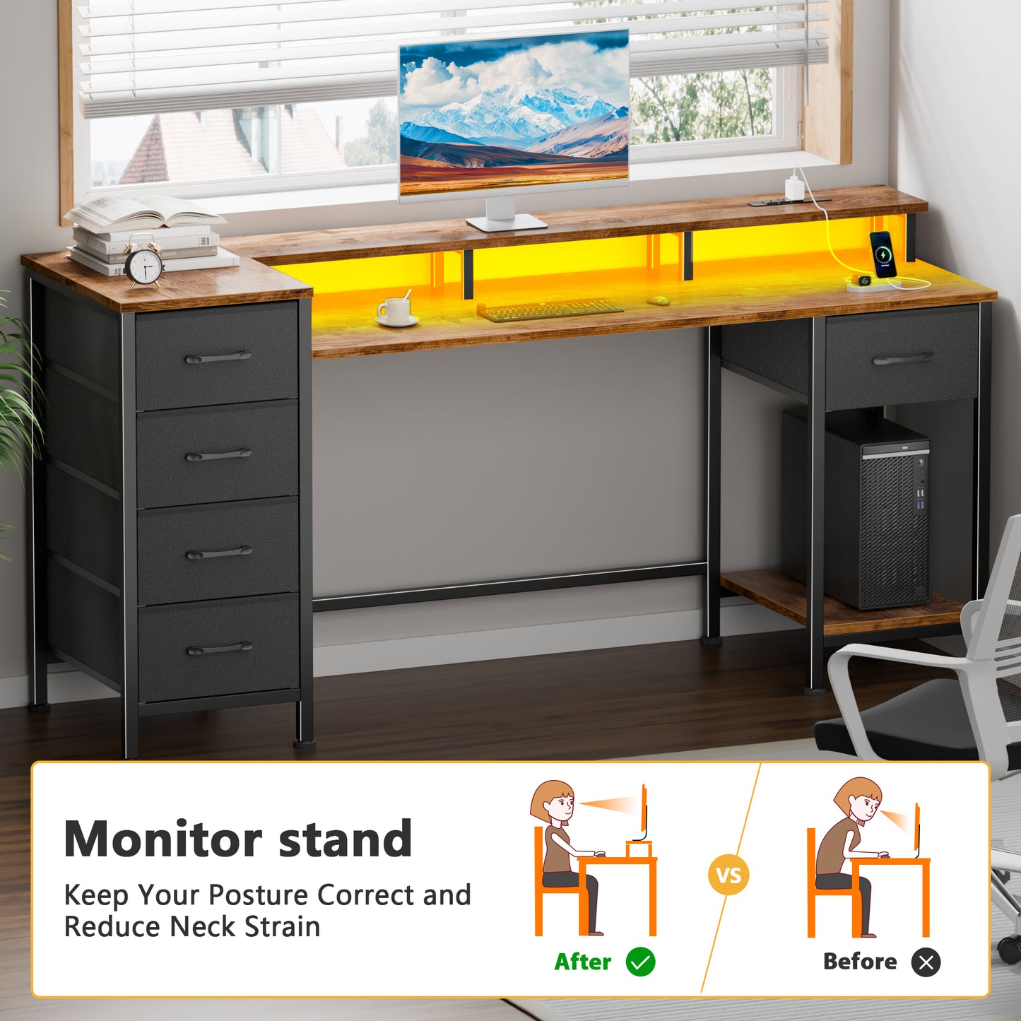 Satifur Gaming Desk with LED Lights & Power Outlets, 55" Computer Desk with 5 Fabric Drawers & Open Storage, Reversible Home Office Desk,retro Brown