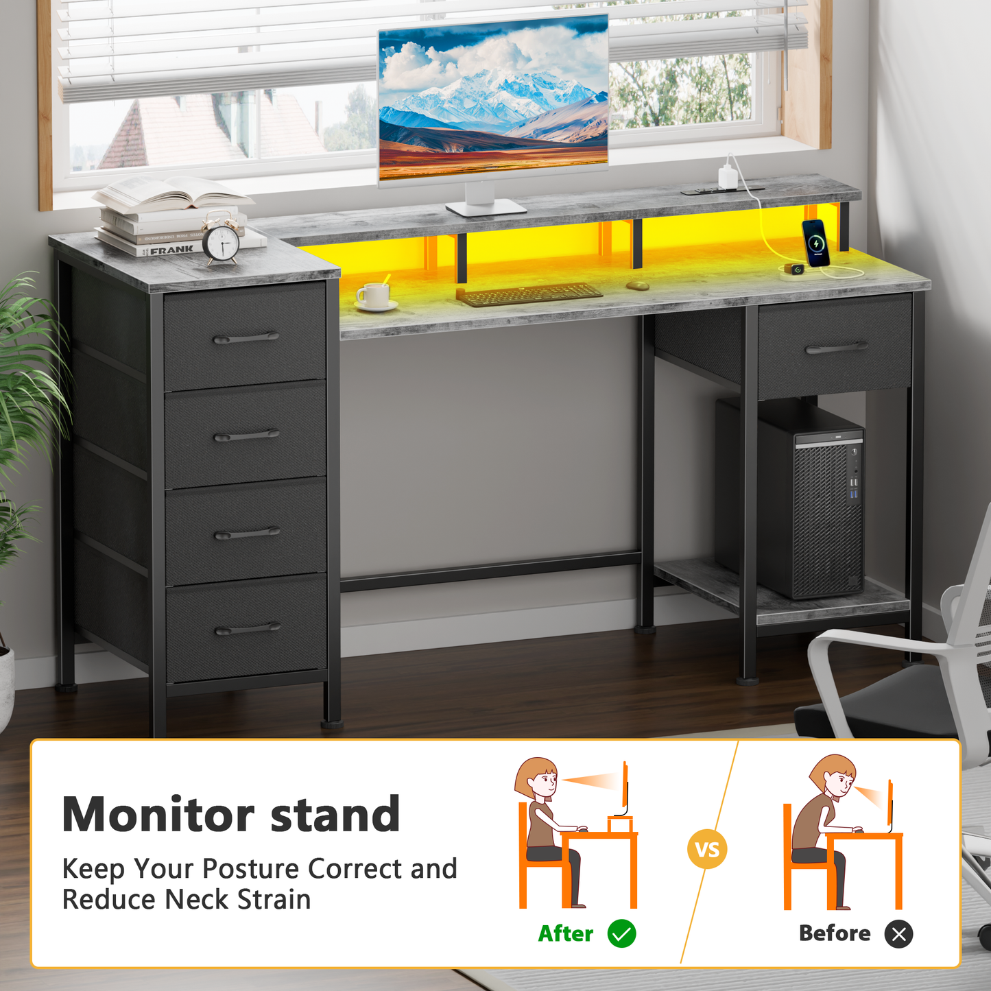 Satifur Gaming Desk with LED Lights & Power Outlets, 47" Computer Desk with 5 Fabric Drawers & Open Storage, Reversible Home Office Desk,Grey