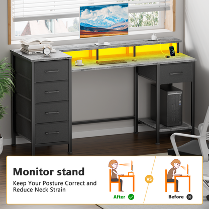 Satifur Gaming Desk with LED Lights & Power Outlets, 47" Computer Desk with 5 Fabric Drawers & Open Storage, Reversible Home Office Desk,Grey