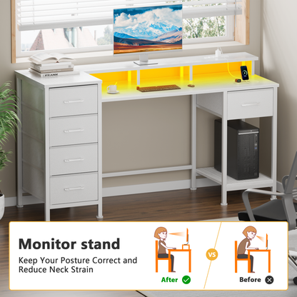 Satifur Gaming Desk with LED Lights & Power Outlets, 47" Computer Desk with 5 Fabric Drawers & Open Storage, Reversible Home Office Desk,White