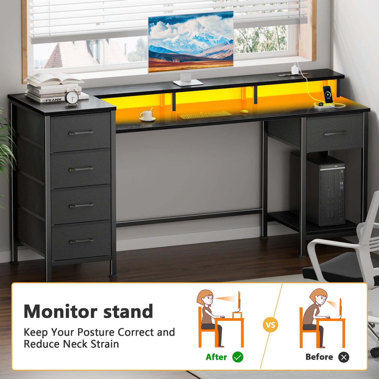 Satifur Gaming Desk with LED Lights & Power Outlets, 55" Computer Desk with 5 Fabric Drawers & Open Storage, Reversible Home Office Desk,Black