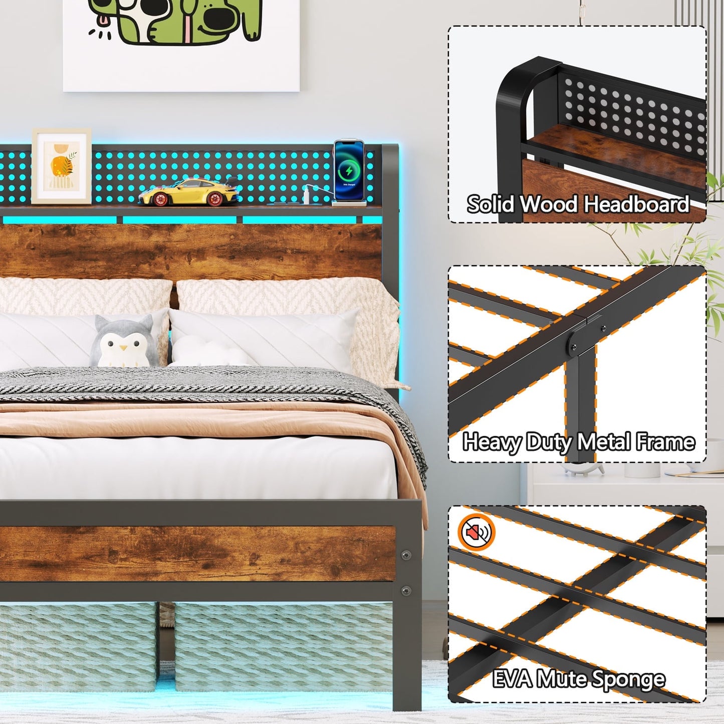 Hexmn Twin RGB LED Strip Platforrm Bed Frames with Headboard Metal, Storage Shelves & Underbed, Niose Free, No Box Spring Needed