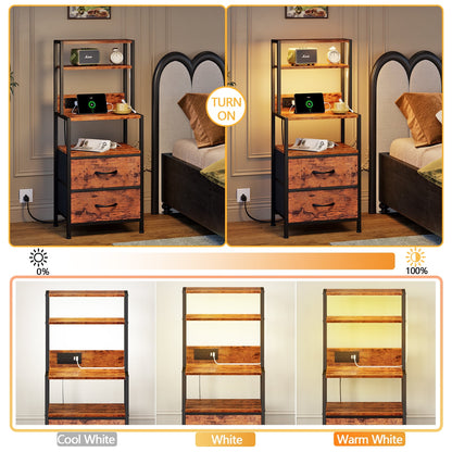 Satifur Tall LED Nightstand,Bedside Table with Charging Station,2 Fabric Drawers & Shelfs for Bedroom Living Room,Rustic Brown