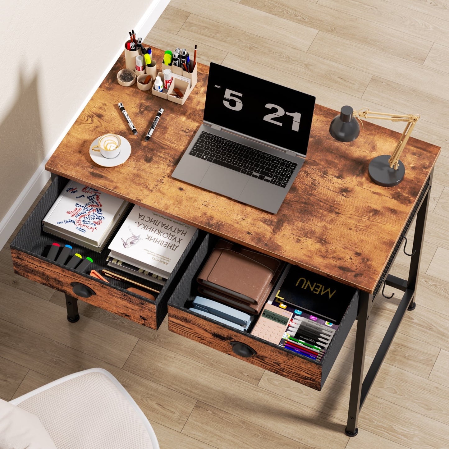 Hexmn Gaming Desk with Fabric Drawers & Hooks for Bedroom Home Office,Rustic Brown