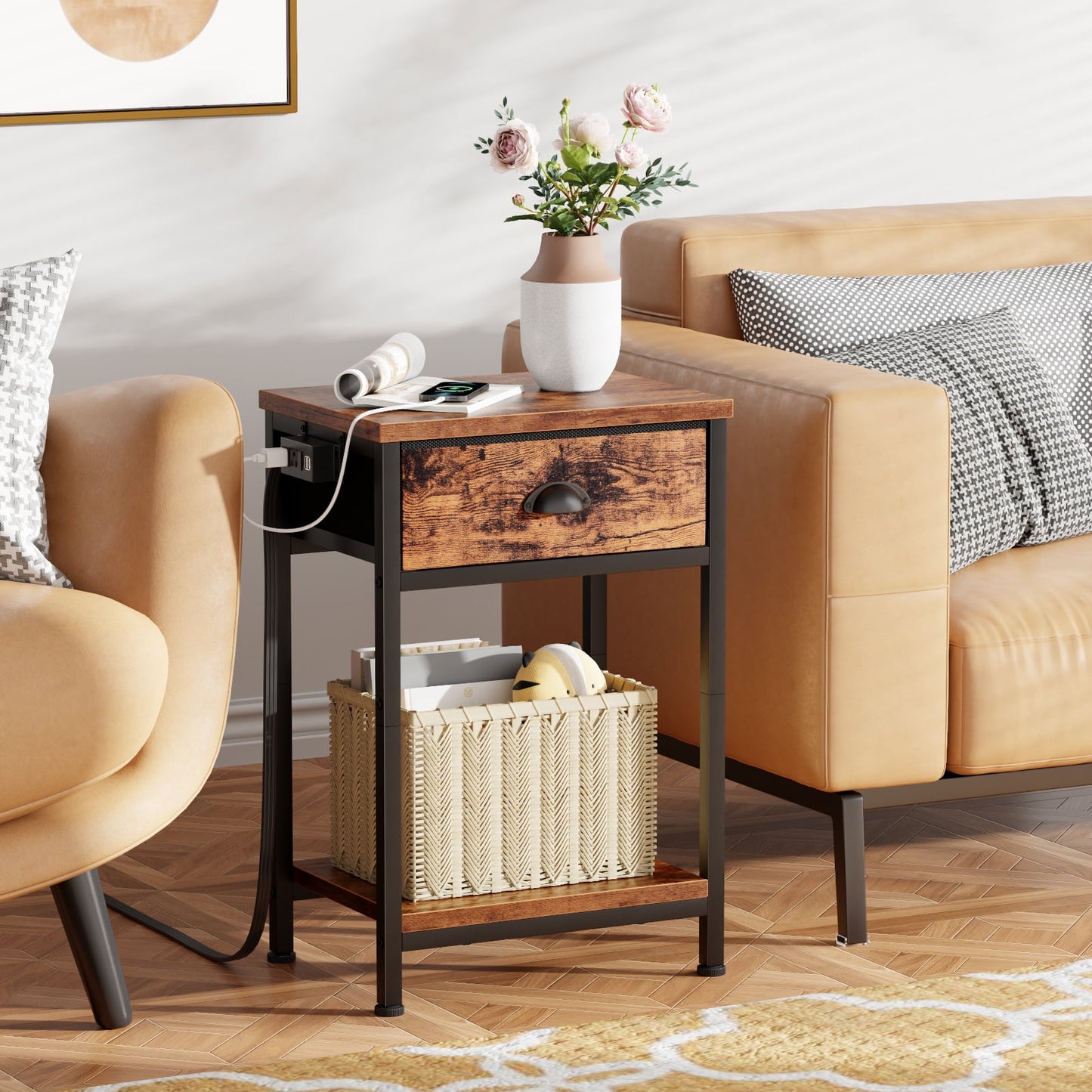 Satifur Set of 2 Nightstand with Charging Station for Bedroom,Side End Table with Outlets & USB Ports,Rustic Brown