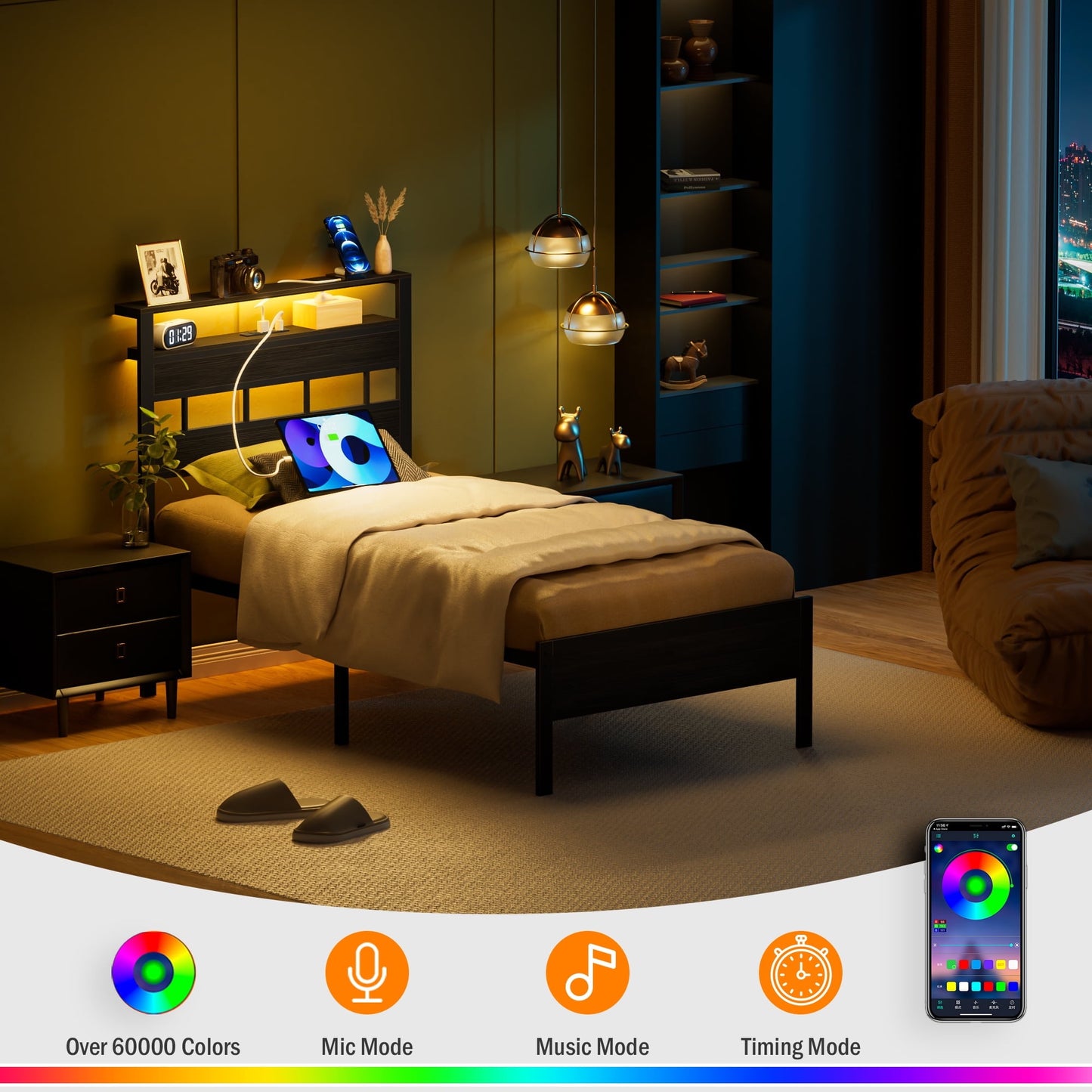 Hexmn LED Lights Twin Bed Frame with Headboard, Standard Storage Bed Platforrm with Storage Underbed, No Box Spring Needed