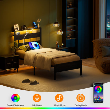 Hexmn LED Lights Twin Bed Frame with Headboard, Standard Storage Bed Platforrm with Storage Underbed, No Box Spring Needed