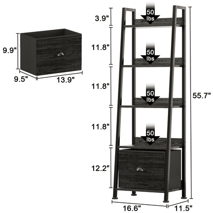 Tydimor 5-Tier Ladder Bookshelf With Drawer, Leaning Bookcase Storage Display Shelf, Black Oak