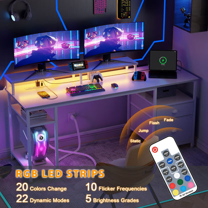 Furologee Gaming Desk with LED Light & Power Outlets, Reversible Computer Desk with File Cabinet & Drawer, White Writing Table with Dual Monitor Stand for Home/Office