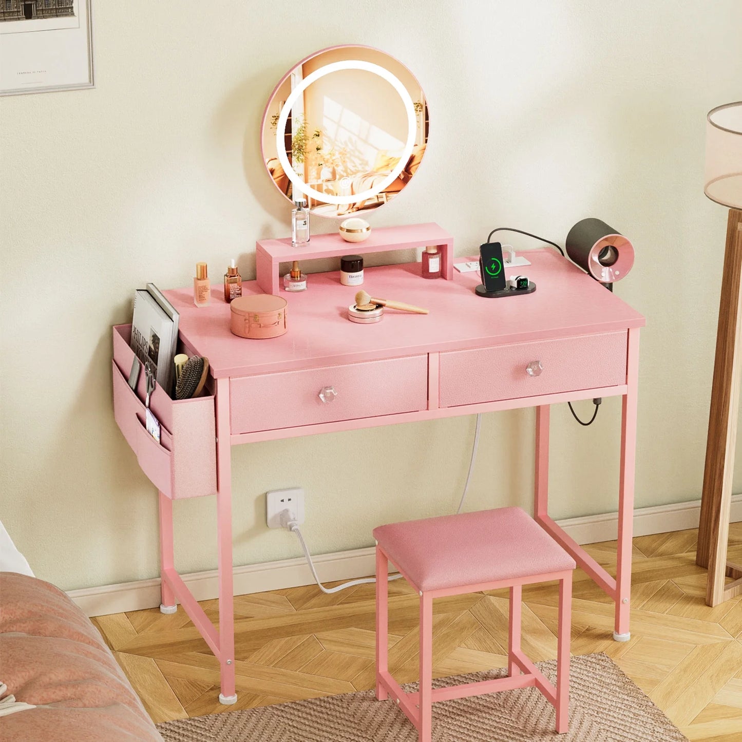 Tydimor Vanity Desk with Mirror & Lights, GRWM Vanity with Drawers & Storage Shelves, Makeup Dressing Table with Stool & Charging, Pink
