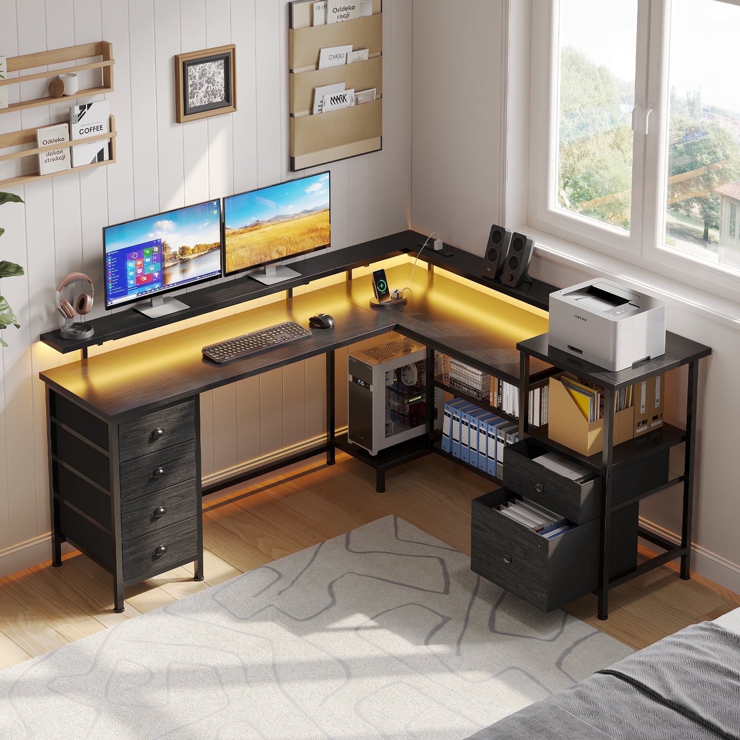 Hexmn Black L Shaped Office Desk with Drawers Storage, Dual Monitor Computer Desk, Workstation Set for Office Living Room