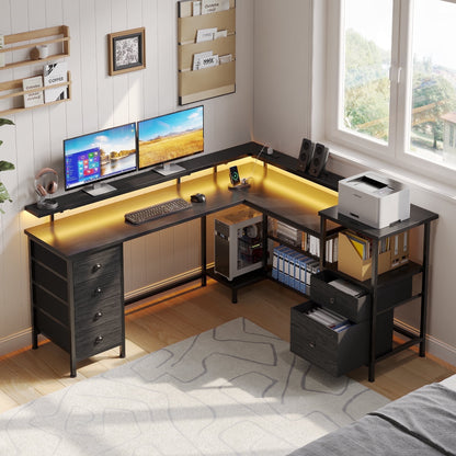 Hexmn Black L Shaped Office Desk with Drawers Storage, Dual Monitor Computer Desk, Workstation Set for Office Living Room