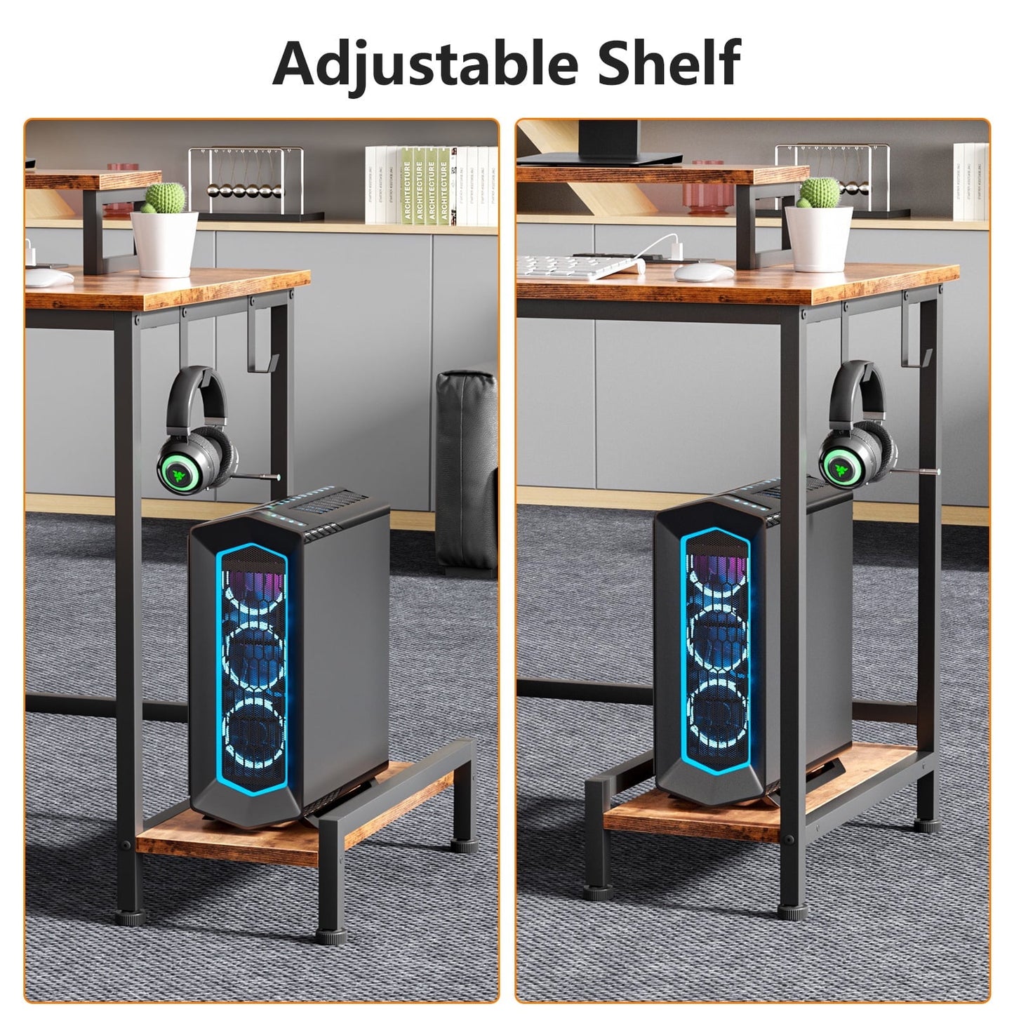 Hexmn Office Desk with Movable Monitor Stands,Gaming Desk with Storage Shelves and File Cabinet, Rustic Brown