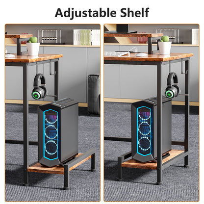 Hexmn Office Desk with Movable Monitor Stands,Gaming Desk with Storage Shelves and File Cabinet, Rustic Brown