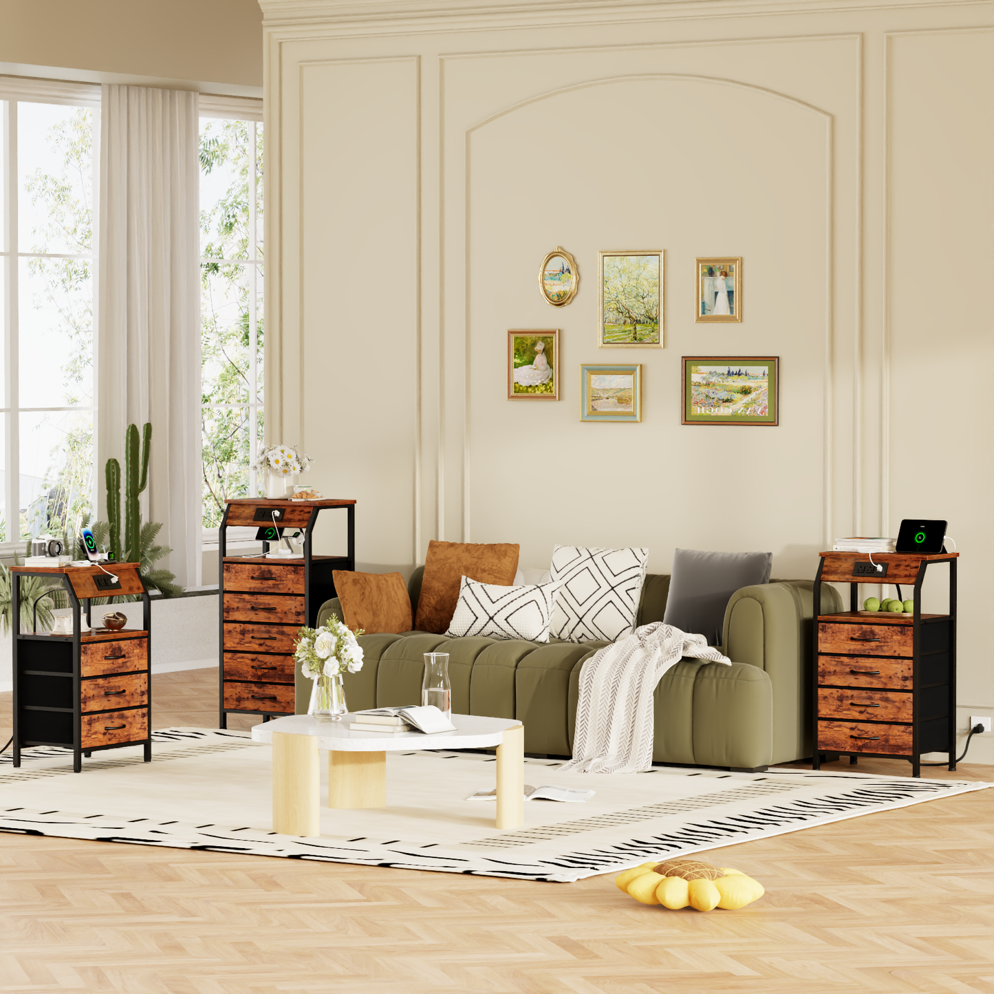 Satifur Nightstand with Charging Station, Bedside Dresser with 5 Fabric Drawers and Storage Shelves for Bedroom, Rustic Brown