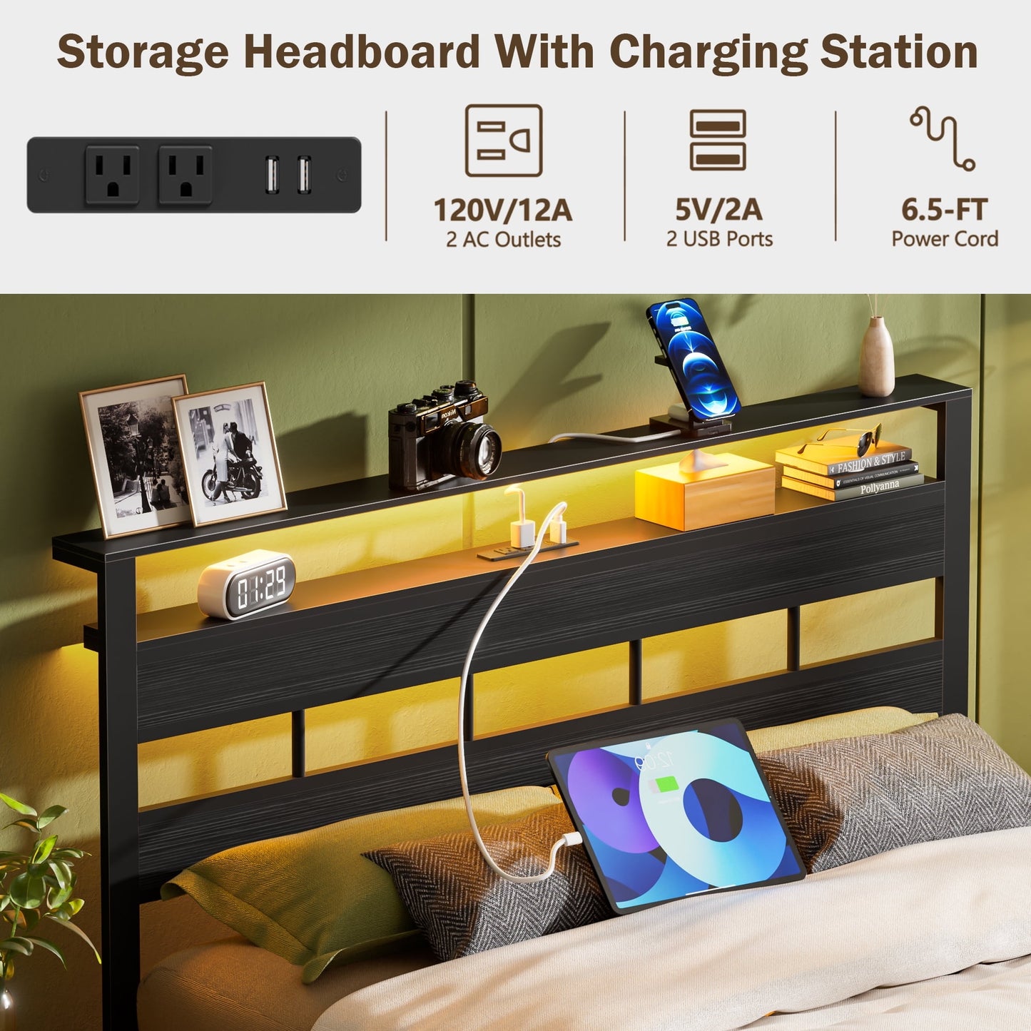 Hexmn LED Lighting Bed Frame Queen with Headboard Storage Shelves, USB Ports Queen Size Platform Bed Frame Steel Slats Support