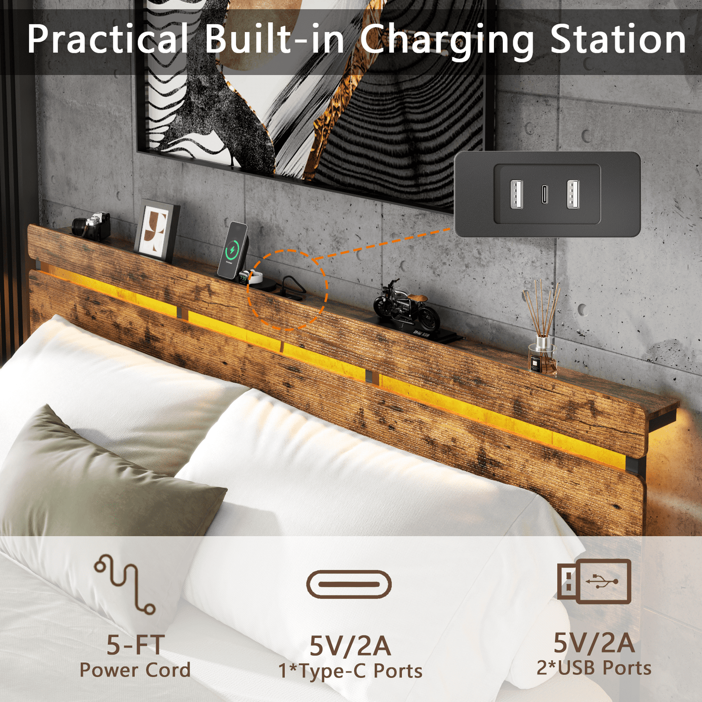 Tydimor King Size Bed Frame with 3 Drawers & LED Lights & Charging Station, Beds with Headboard & 10.10" Under Bed Storage, No Box Spring Needed, Easy Assembly, Rustic Brown