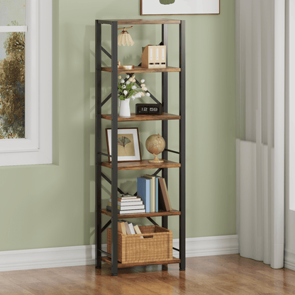 Satifur Bookshelf Bookcase Organizer with 6 Shelves for Living Room Bedroom Kitchen Garage,Rustic Brown