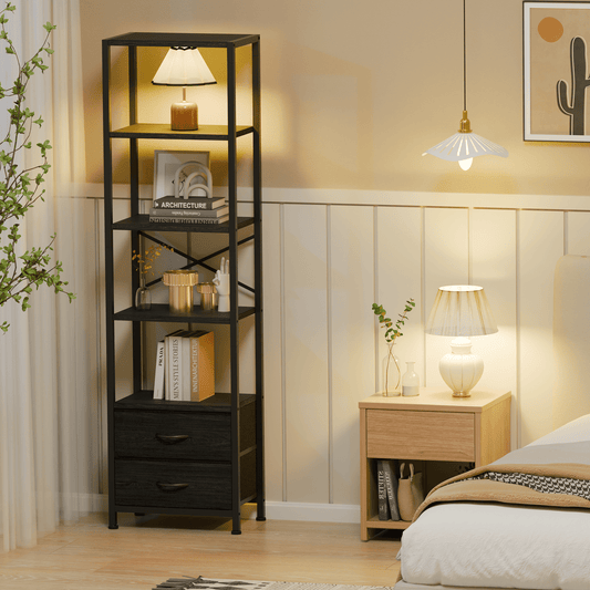 Satifur 5-Tier Bookshelf and Bookcase with 2 Removable Drawers, Narrow Display Shelf for Living Room, Black Oak