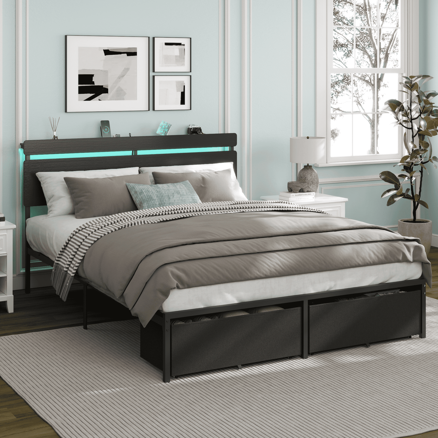Tydimor Queen Size Bed Frame with 2 Drawers & LED Lights & Charging Station, Beds with Headboard & 10.10" Under Bed Storage, No Box Spring Needed, Easy Assembly, Black