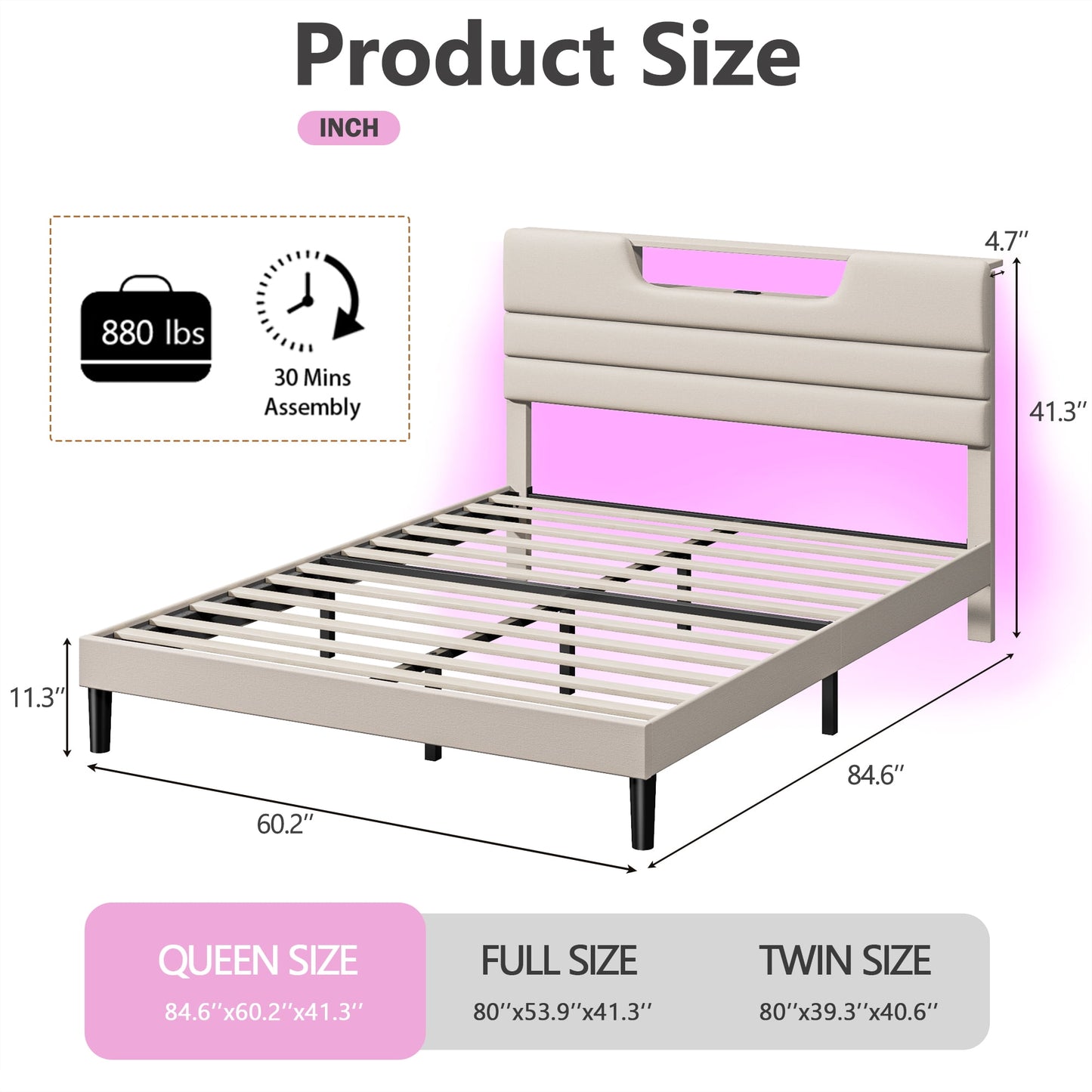 Satifur Beige Fine Linen Fabric Bed Frame with Upholstered Headboard & Charge Station, Queen Size Bed Frame with LED Lights, No Box Spring Needed