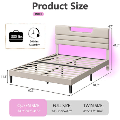 Satifur Beige Fine Linen Fabric Bed Frame with Upholstered Headboard & Charge Station, Queen Size Bed Frame with LED Lights, No Box Spring Needed