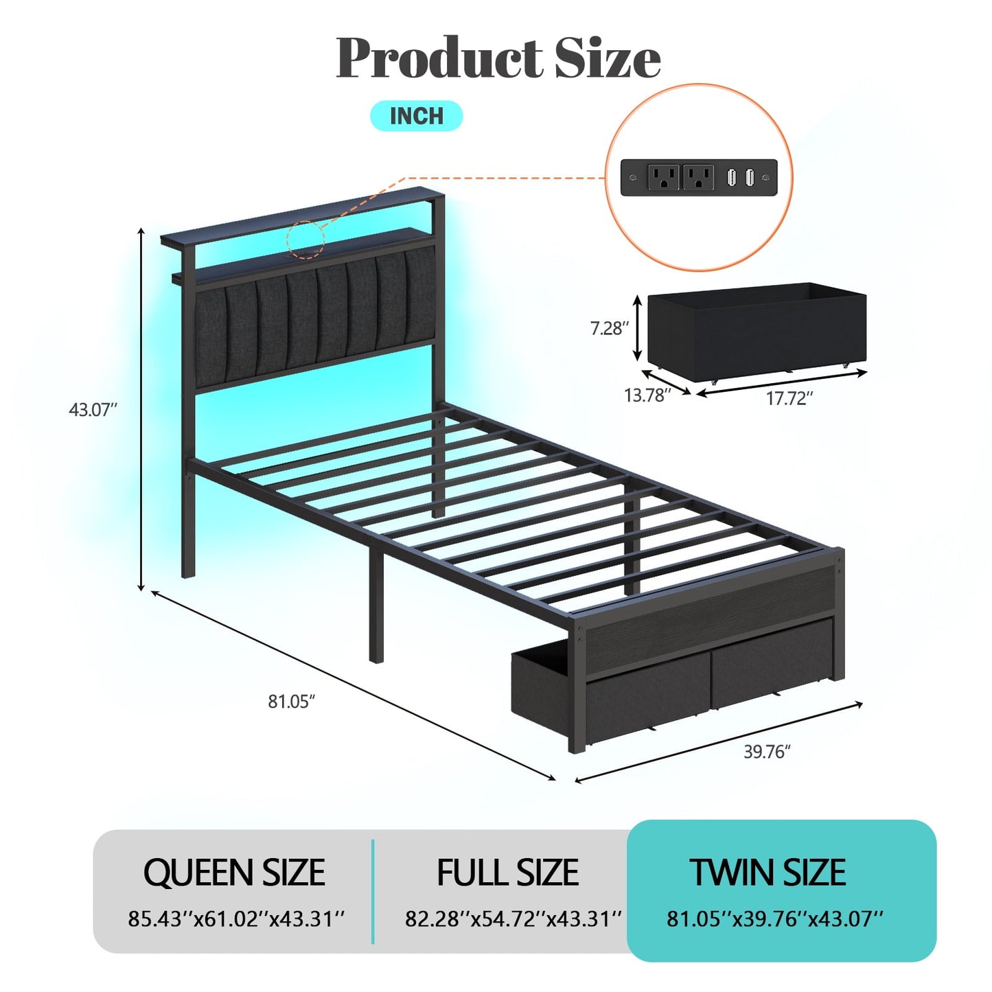 Hexmn Twin Bed Frame with Upholstered Storage Headboard & 2 Drawers, Platform Metal Bed with 2 USB Ports and Outlets, Under-bed Storage and Noise Free Design