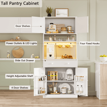 Hexmn 72" Kitchen Pantry Storage Cabinet with Doors & Shelves, Wood Buffet Cabinet with Microwave Stand, Tall Hutch Cabinet for Dining Room, White