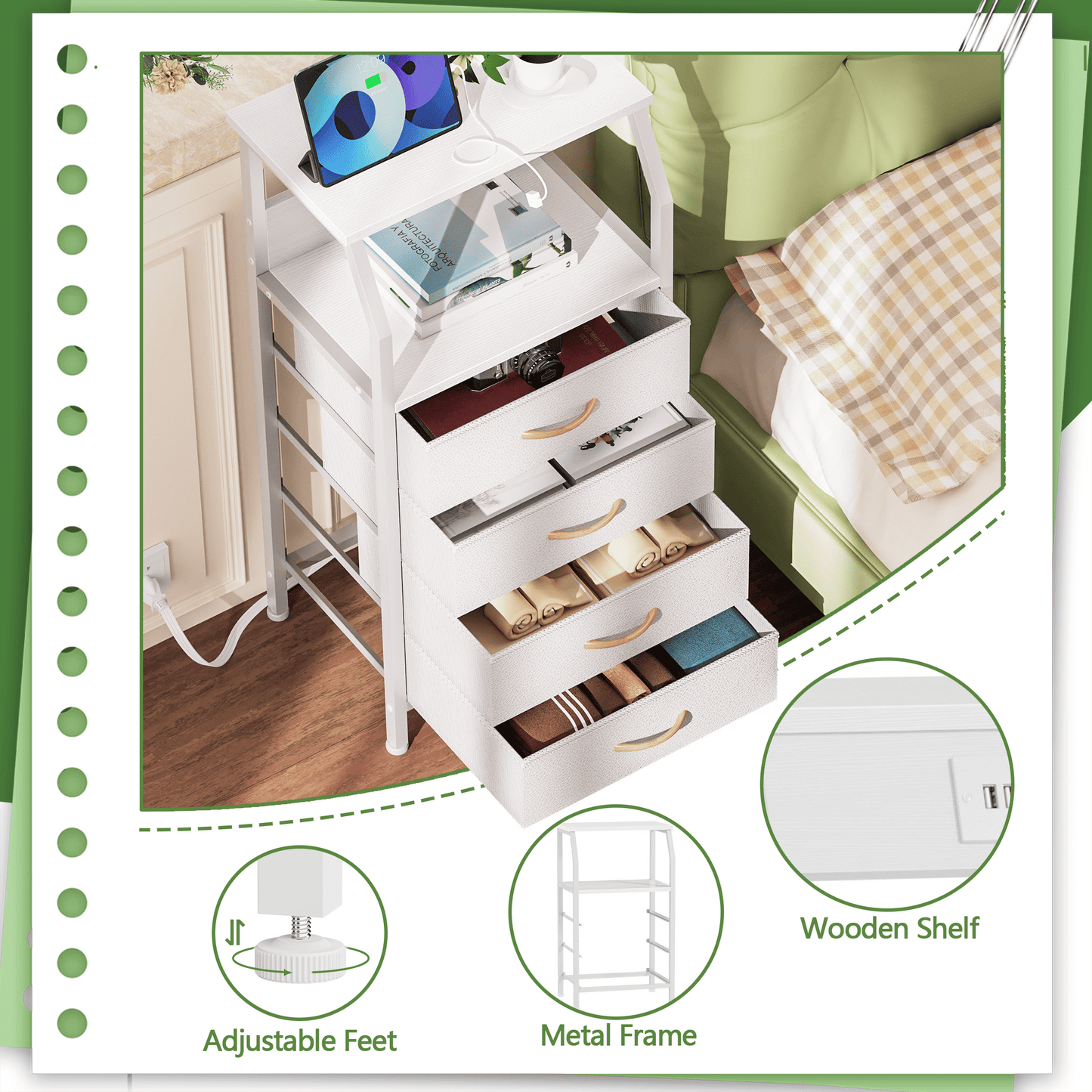 TYDIMOR Small Dresser for Bedroom, 4 Drawer with Charging Station, White, Ideal for Adults