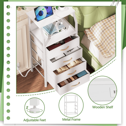 TYDIMOR Small Dresser for Bedroom, 4 Drawer with Charging Station, White, Ideal for Adults