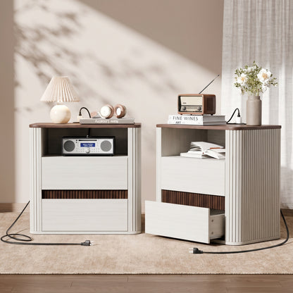 Satifur Wooden Nightstand with Charging Station, 2 Drawers Bedside Table, Storage End Table for Bedroom Living Room, Off-White
