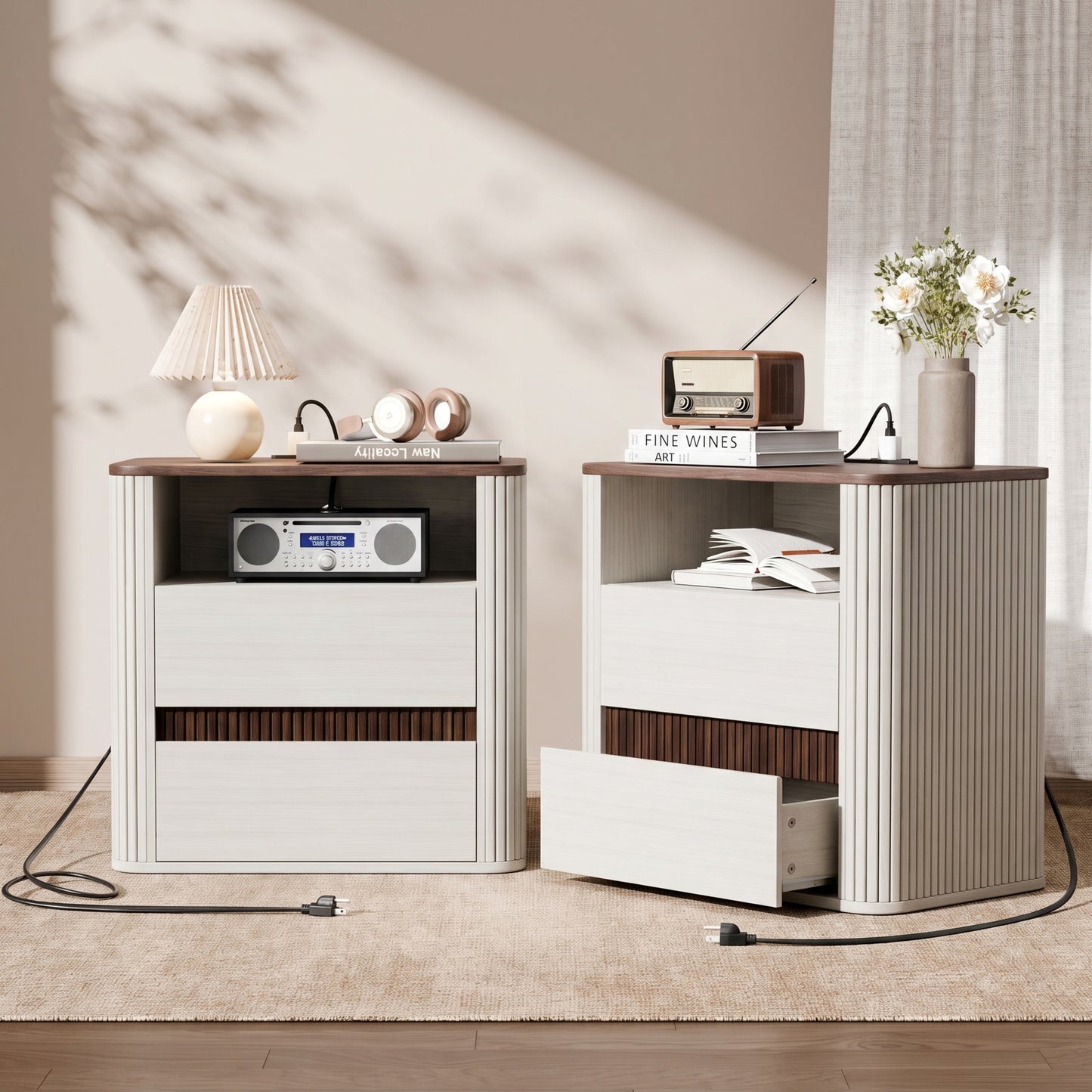 Satifur Wooden Nightstand Set of 2 with Charging Station, 2 Drawers Bedside Table, Storage End Table for Bedroom Living Room, Off-White