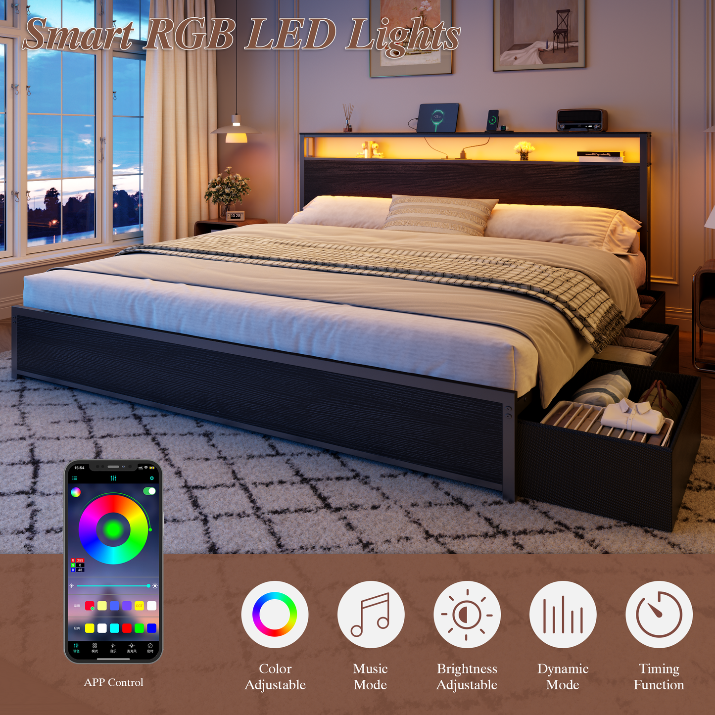 Satifur King Bed Frame with 6 Storage Drawers, Metal Platform Bed Frame with 2-Tier Storage Headboard & LED, Built in Charging Station, Noise-Free, No Box Spring Needed,