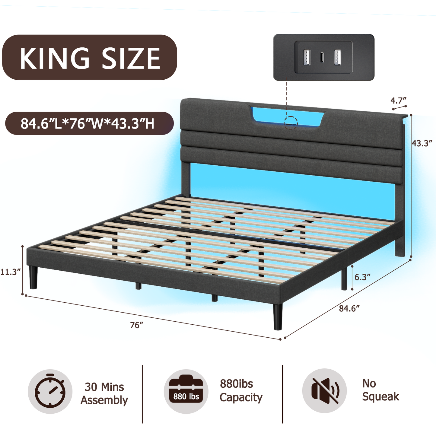 Satifur Dark Gray Bed Frame with Charge Station, King Size Bed Frame with LED Lights & Upholstered Headboard, No Box Spring Needed, Linen Fabric