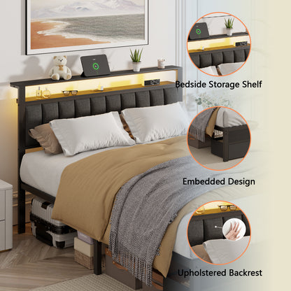 Satifur Queenl Bed Frame with 2 Drawers & Storage Headboard, Platform Metal Bed with 2 USB Ports and Outlets, No Box Spring Needed
