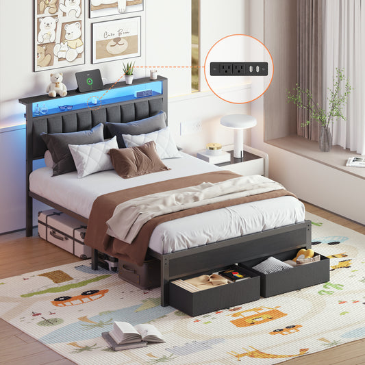 Tydimor Twin Bed Frame with 2 Drawers & Storage Headboard, Platform Metal Bed with 2 USB Ports and Outlets, No Box Spring Needed