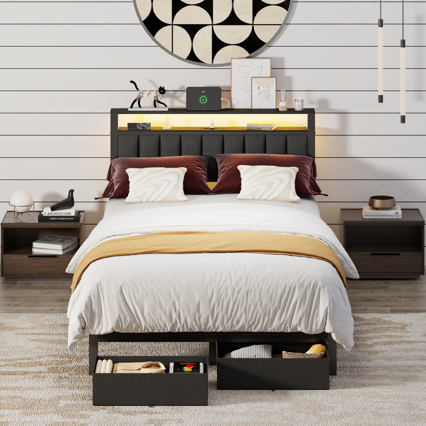 Tydimor Queen Bed Frame with 2 Drawers & Storage Headboard, Platform Metal Bed with 2 USB Ports and Outlets, No Box Spring Needed
