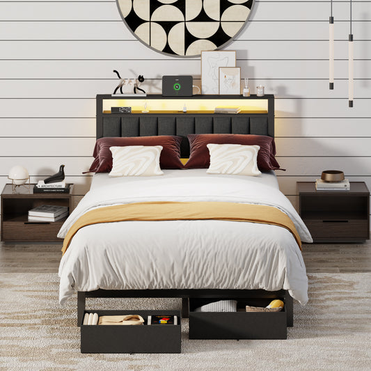 Tydimor Queen Bed Frame with 2 Drawers & Storage Headboard, Platform Metal Bed with 2 USB Ports and Outlets, No Box Spring Needed