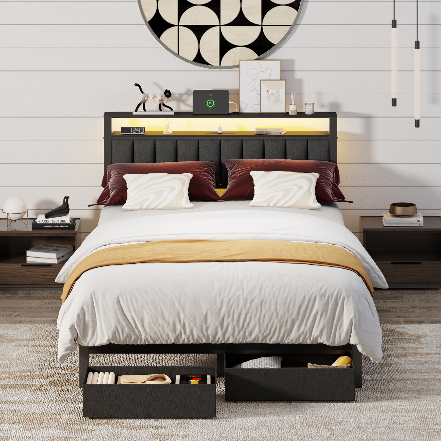 Satifur Queenl Bed Frame with 2 Drawers & Storage Headboard, Platform Metal Bed with 2 USB Ports and Outlets, No Box Spring Needed