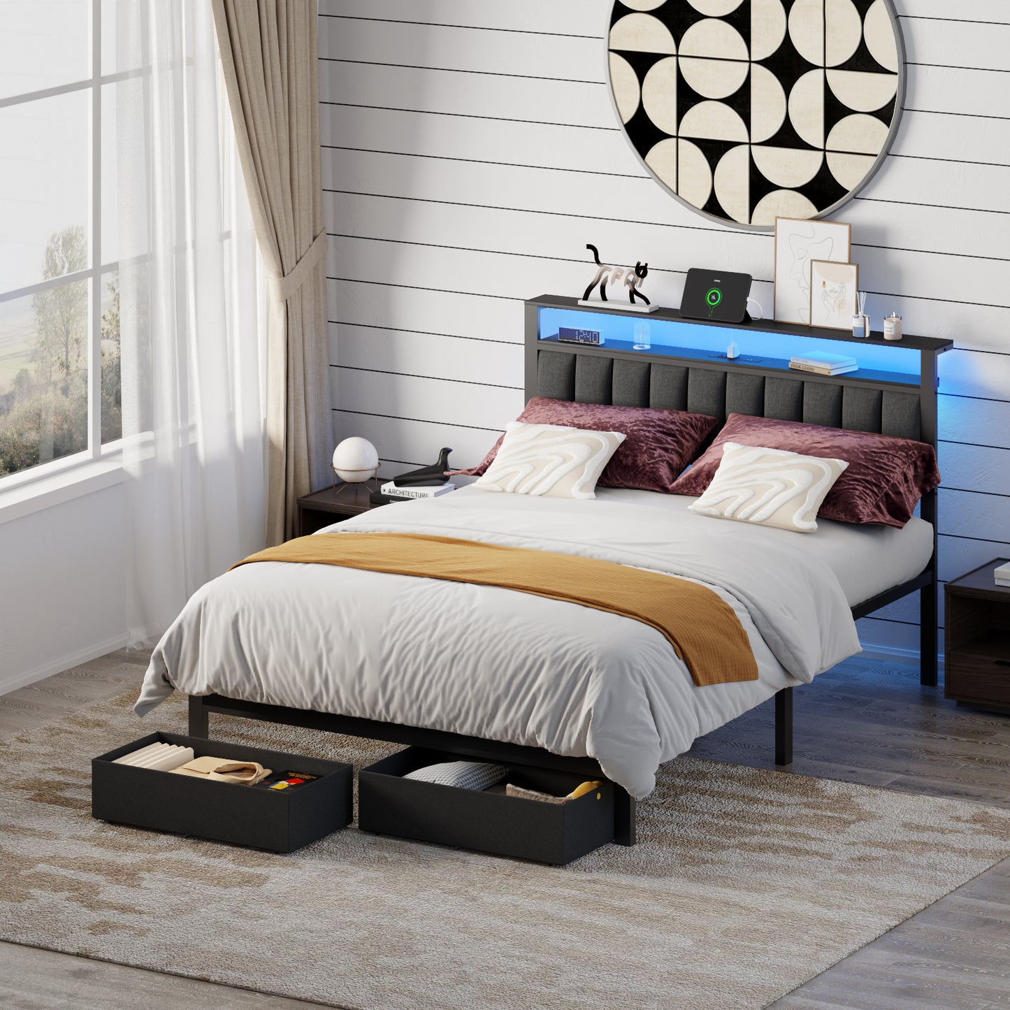 Satifur Queenl Bed Frame with 2 Drawers & Storage Headboard, Platform Metal Bed with 2 USB Ports and Outlets, No Box Spring Needed