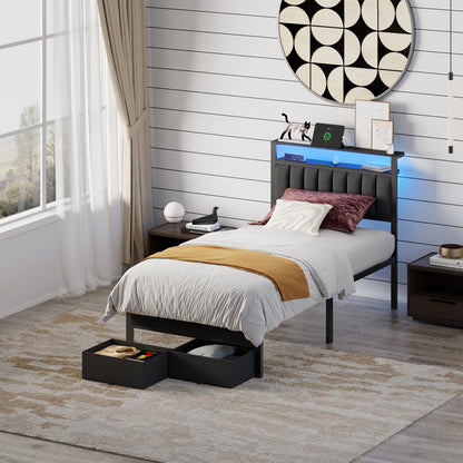 Satifur Twin Bed Frame with 2 Drawers & Storage Headboard, Platform Metal Bed with 2 USB Ports and Outlets, No Box Spring Needed