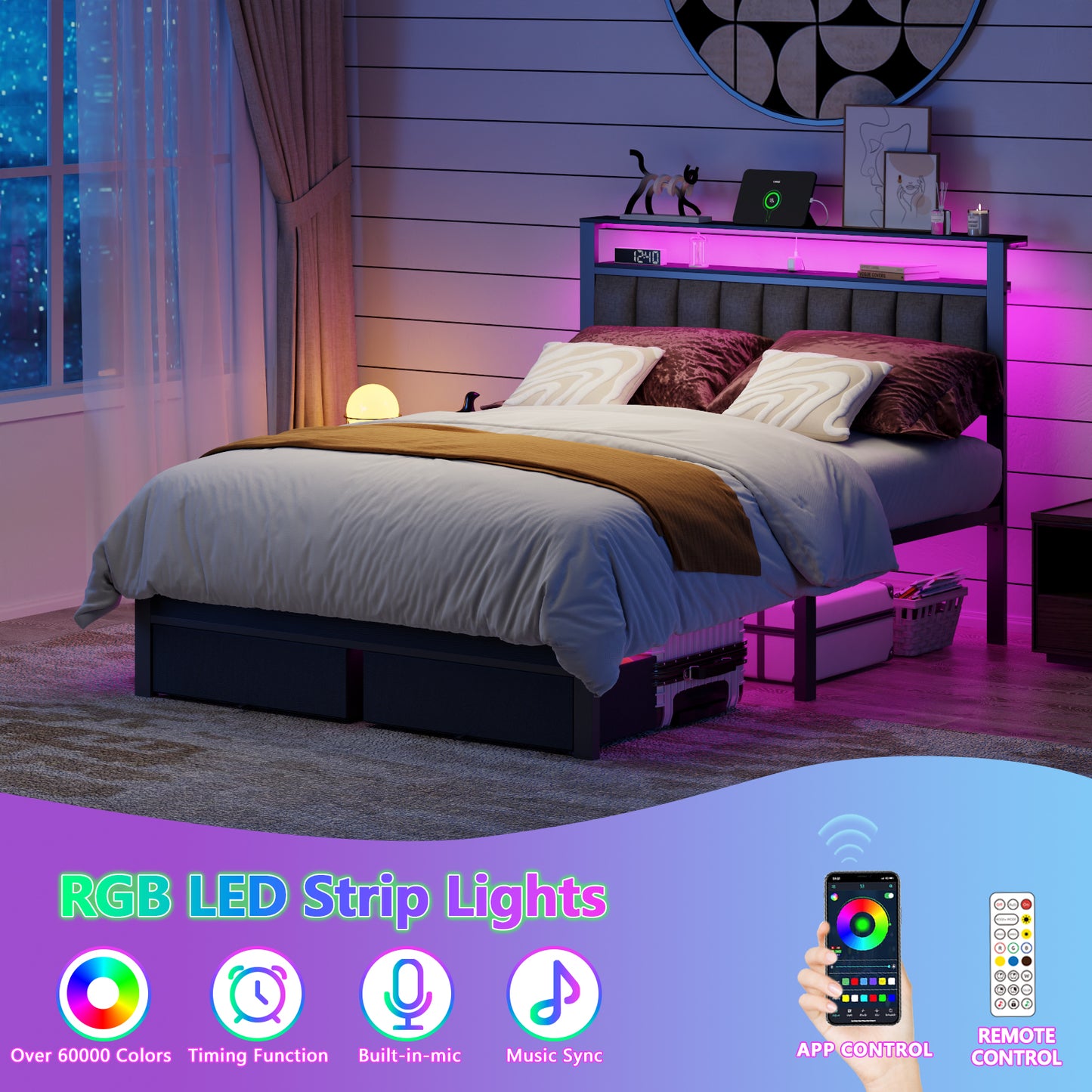 Satifur Full Bed Frame with 2 Drawers & Storage Headboard, Platform Metal Bed with 2 USB Ports and Outlets, No Box Spring Needed