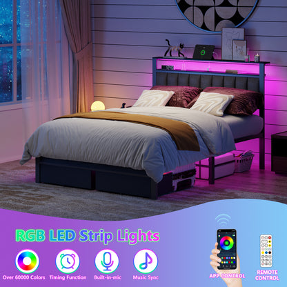 Satifur Full Bed Frame with 2 Drawers & Storage Headboard, Platform Metal Bed with 2 USB Ports and Outlets, No Box Spring Needed