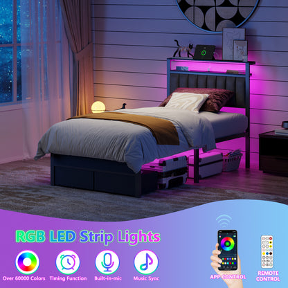 Satifur Twin Bed Frame with 2 Drawers & Storage Headboard, Platform Metal Bed with 2 USB Ports and Outlets, No Box Spring Needed