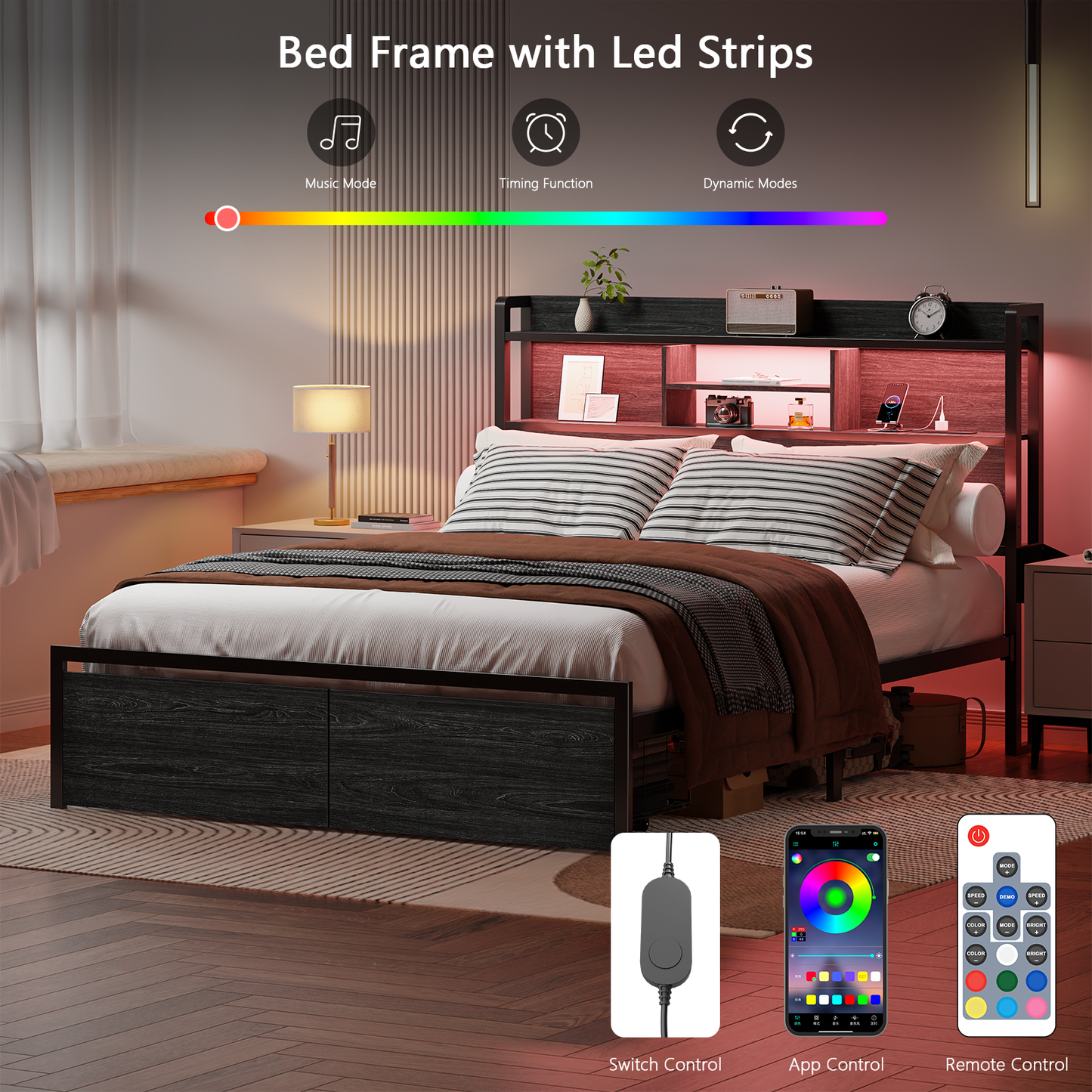 Tydimor Queen Size LED Metal Bed Frames Built-In Charging, Platforrm Storage Bed Frames Under-bed Storage and Noise Free Design