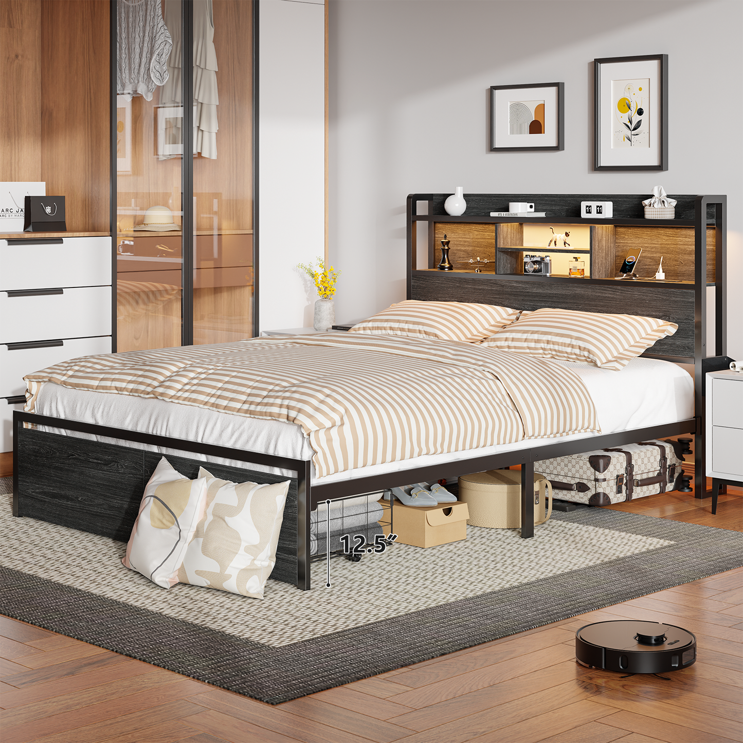 Tydimor Queen Size LED Metal Bed Frames Built-In Charging, Platforrm Storage Bed Frames Under-bed Storage and Noise Free Design