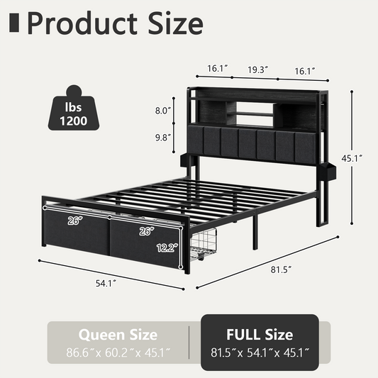 Tydimor Fabric Upholstered Smart Gaming Bed Frames Full Size with Storage Drawers, USB Ports and Outlets, No Box Spring Needed