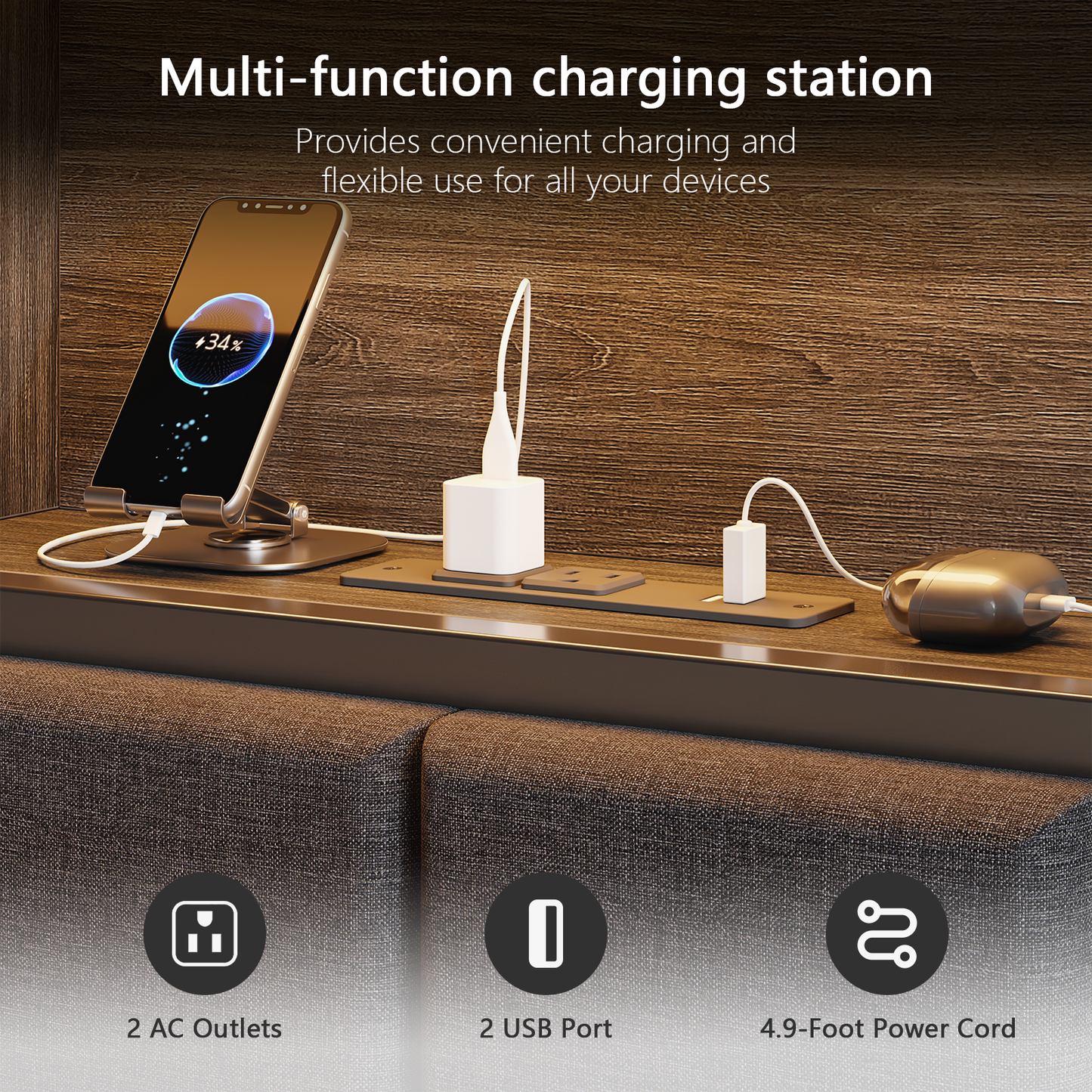 Satifur King Size Bed Frame with 49.2" High LED Storage Headboard Shelf, Metal Bed Platform, Black